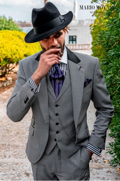 Maßgeschneiderter grauer Bräutigamanzug mit Hahnentrittmuster und schwarzen Details 2712 Mario Moyano