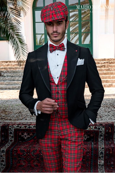 Schwarzer luxuriöser, maßgeschneiderter Hochzeitsanzug, abgestimmt auf rotes Schottenmuster