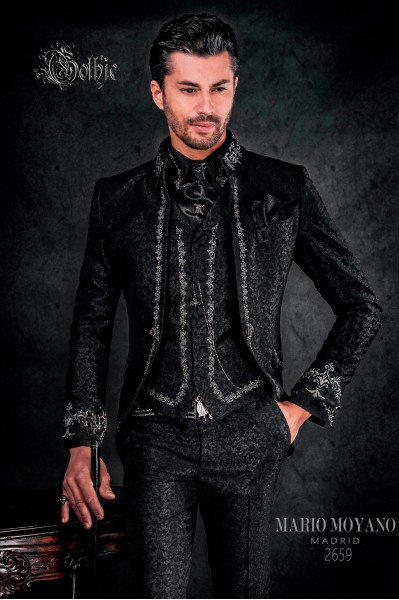 Gothic frock coat black brocade with silver floral embroidery 2659 Mario Moyano