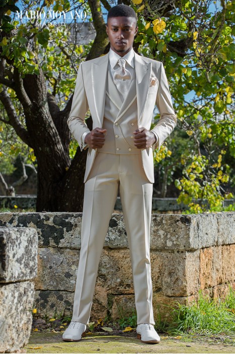 Pearl gray groom suit with satin piping made to measure 2182 Mario Moyano