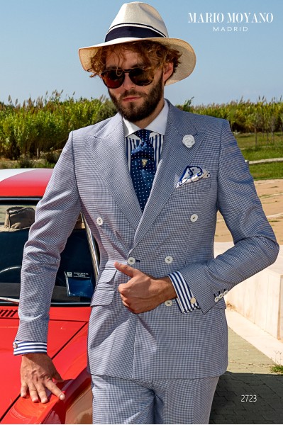 Bespoke blue houndstooth double-breasted suit model 2723 Mario Moyano