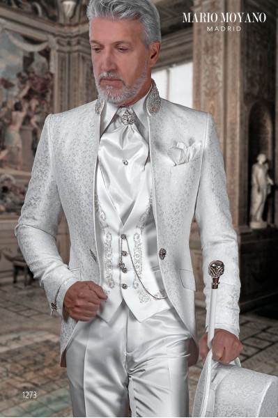Baroque groom's suit, frock coat in white jacquard with silver crystals