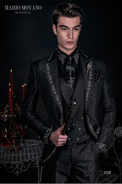 Gothic frock coat black brocade with silver floral embroidery 2598 Mario Moyano