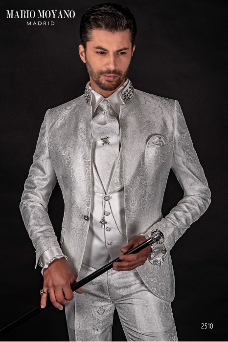 White Mao collar wedding suit with rhinestones 2510 by Mario Moyano