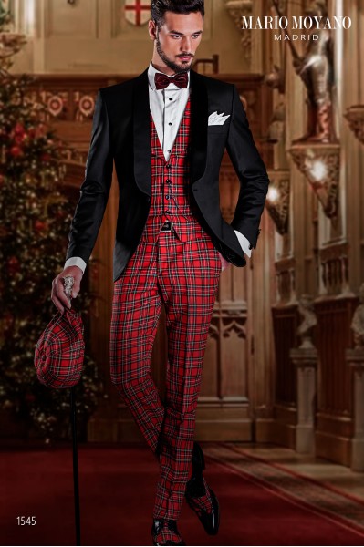 Elegant Black Tuxedo with Royal Stewart Tartan Coordination by Mario Moyano