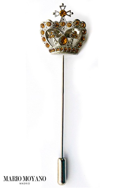 Silver crown pin with orange crystal rhinestones