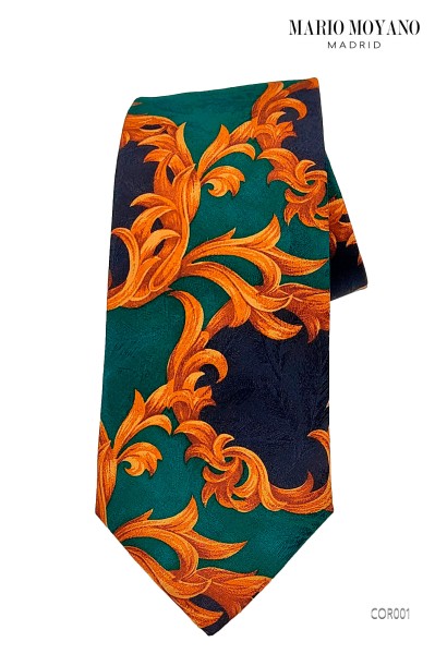 Cravatta con fazzoletto di seta verde con fiori dorati  COR001 Mario Moyano