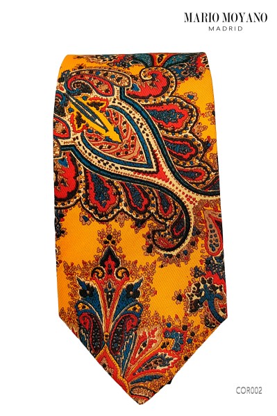 Tie with pocket square, in pure yellow silk with cashmere COR002 Mario Moyano