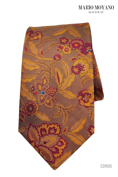 Tie with pocket square, in pure coffee-colored silk with floral pattern COR005 Mario Moyano