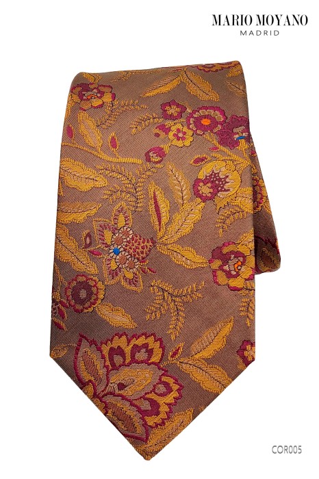 Corbata con pañuelo, en seda pura de color café con motivo floral COR005 Mario Moyano