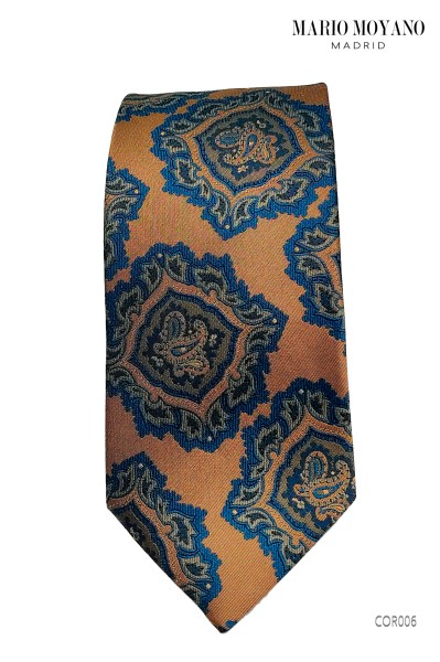 Cravatta con fazzoletto, in pura seta giallo curry con medaglioni blu COR006 Mario Moyano.