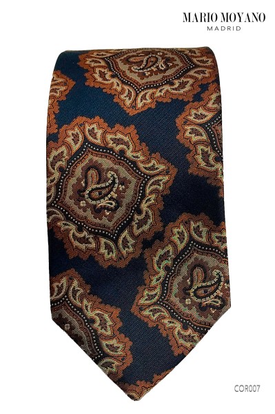 Navy blue pure silk tie with bronze medallions and matching pocket square, COR007 by Mario Moyano