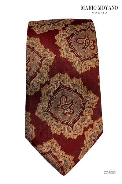 Burgundy pure silk tie with medallions and matching pocket square, COR009 by Mario Moyano