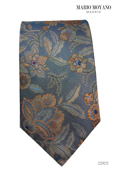 Cravate gris avec mouchoir, en soie pure avec motif floral COR010 Mario Moyano