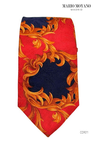 Corbata y pañuelo de seda roja con flores dorados COR011 Mario Moyano
