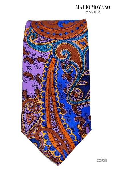 Krawatte und blaues Einstecktuch mit Multicolor Paisley COR013 von Mario Moyano.