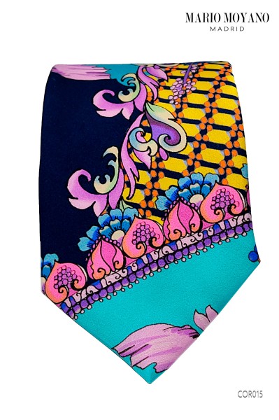 Krawatte und blaues Einstecktuch mit Multicolor Paisley COR015 von Mario Moyano.