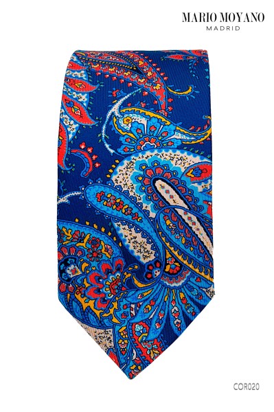 Cravate bleu et pochette assortie avec Paisley Multicolore COR020 par Mario Moyano.