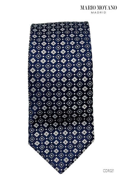 Corbata y pañuelo de seda azul con motivos geometricos COR021 Mario Moyano