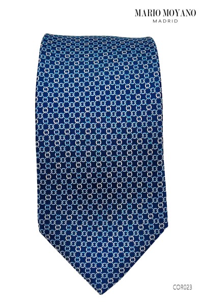 Seidenkrawatte und blaues Einstecktuch mit geometrischen Mustern COR023 Mario Moyano