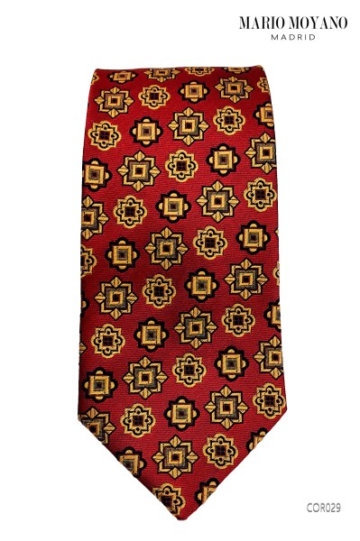 Red silk tie and pocket square with gold medallions COR029 by Mario Moyano