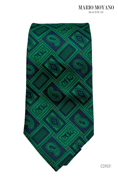Corbata geométrica de pura seda verde y azul con detalles cachemir COR031 de Mario Moyano.