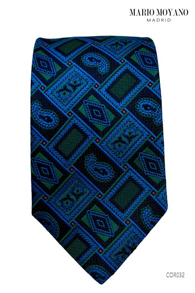 Corbata geométrica de pura seda verde y azul con detalles cachemir COR032 de Mario Moyano.