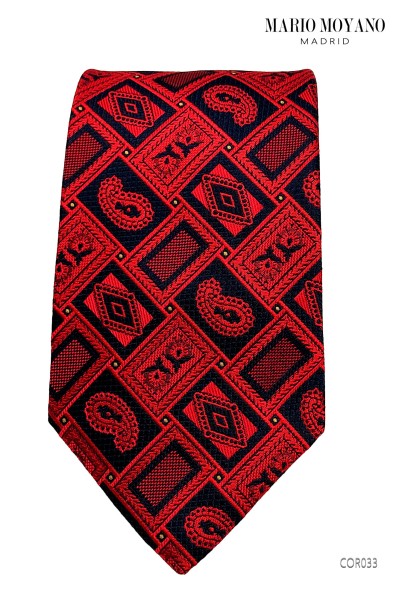 Geometric tie in pure red and black silk with cashmere details COR033 by Mario Moyano.