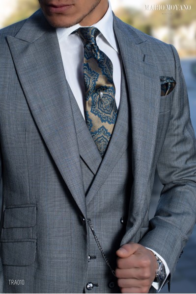 Custom-made gray Prince of Wales suit with blue lines TRA010