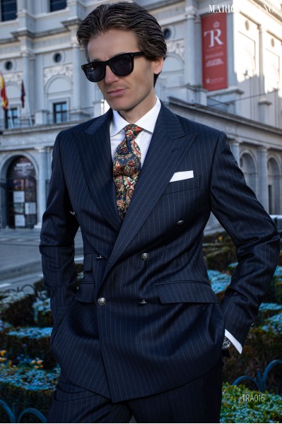 Bespoke blue pinstripe double breasted suit TRA016 Mario Moyano