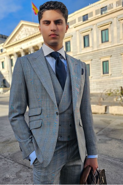 Custom-made gray Prince of Wales suit with blue lines TRA021