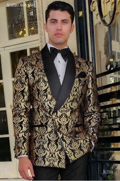 Black double breasted Party Blazer in gold floral brocade jacquard BLZ004 Mario Moyano