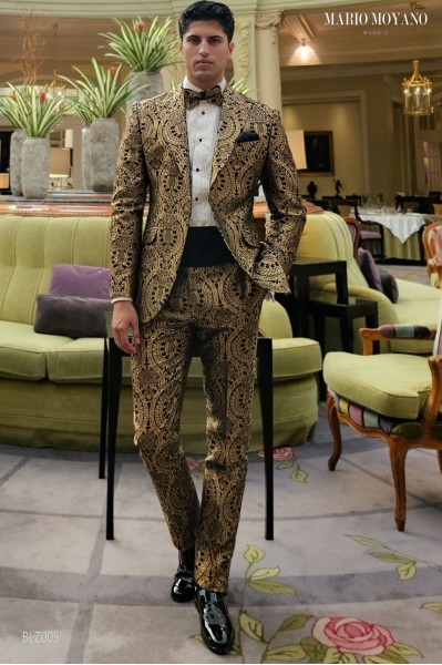Blue groom suit with gold brocade jacquard BLZ005 Mario Moyano