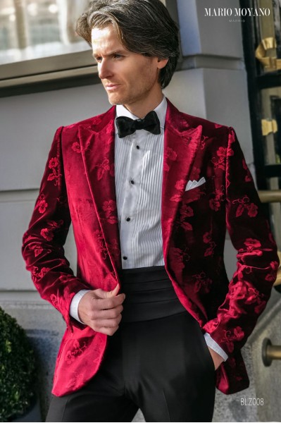 Party Blazer in velluto rosso con motivo floreale BLZ008 Mario Moyano